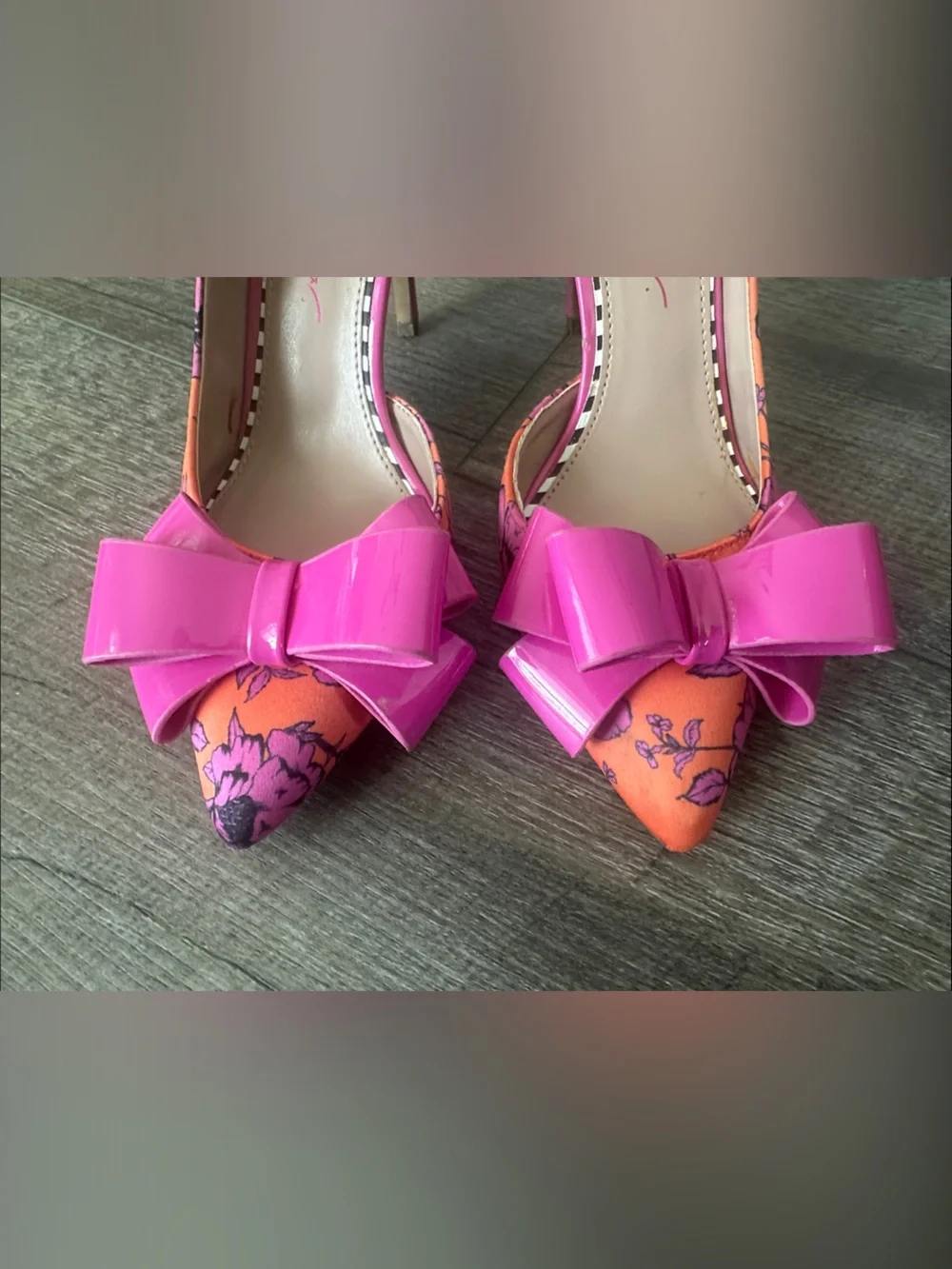 Betsey Johnson Pink Bow Orange Floral D'Orsay Heels